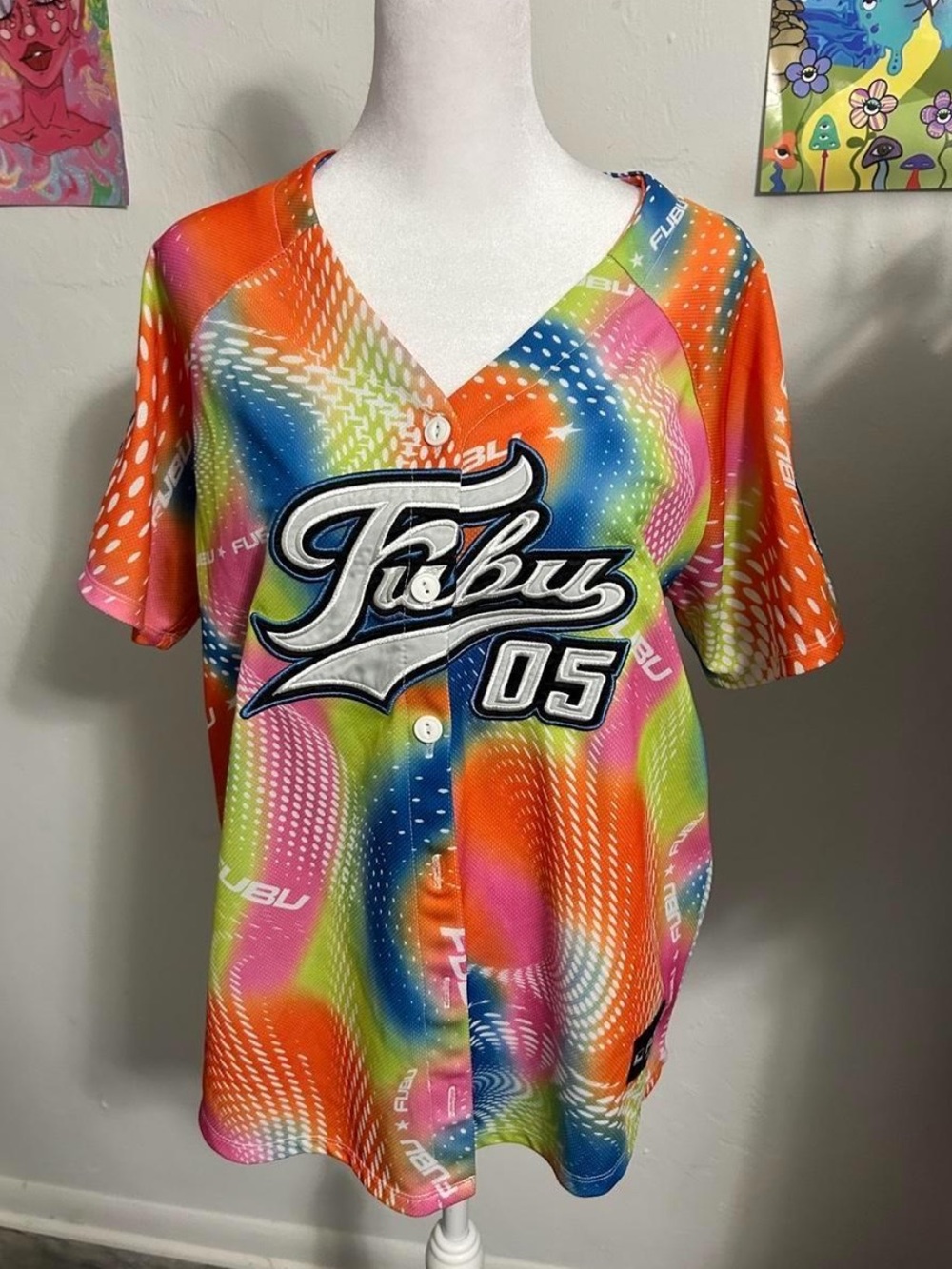 FUBU Neon Rainbow Button-Front Jersey in Orange and Green Accents